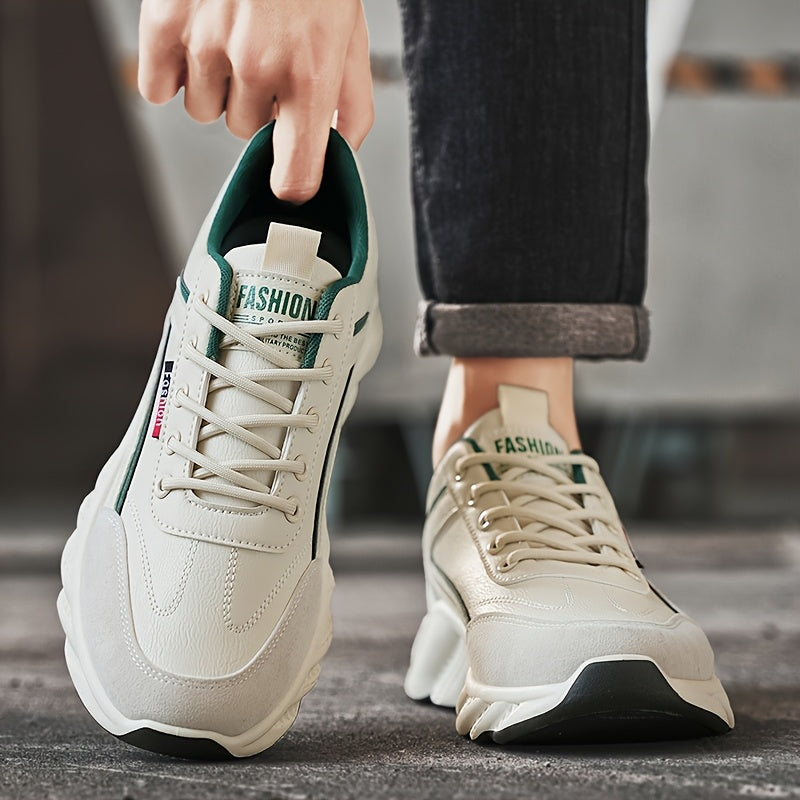 Men's Versatile Casual Sneakers - White Green Low-Top Lace-Up Shoes with Rubber Sole, Comfortable for Casual Attire and Athletic Activities