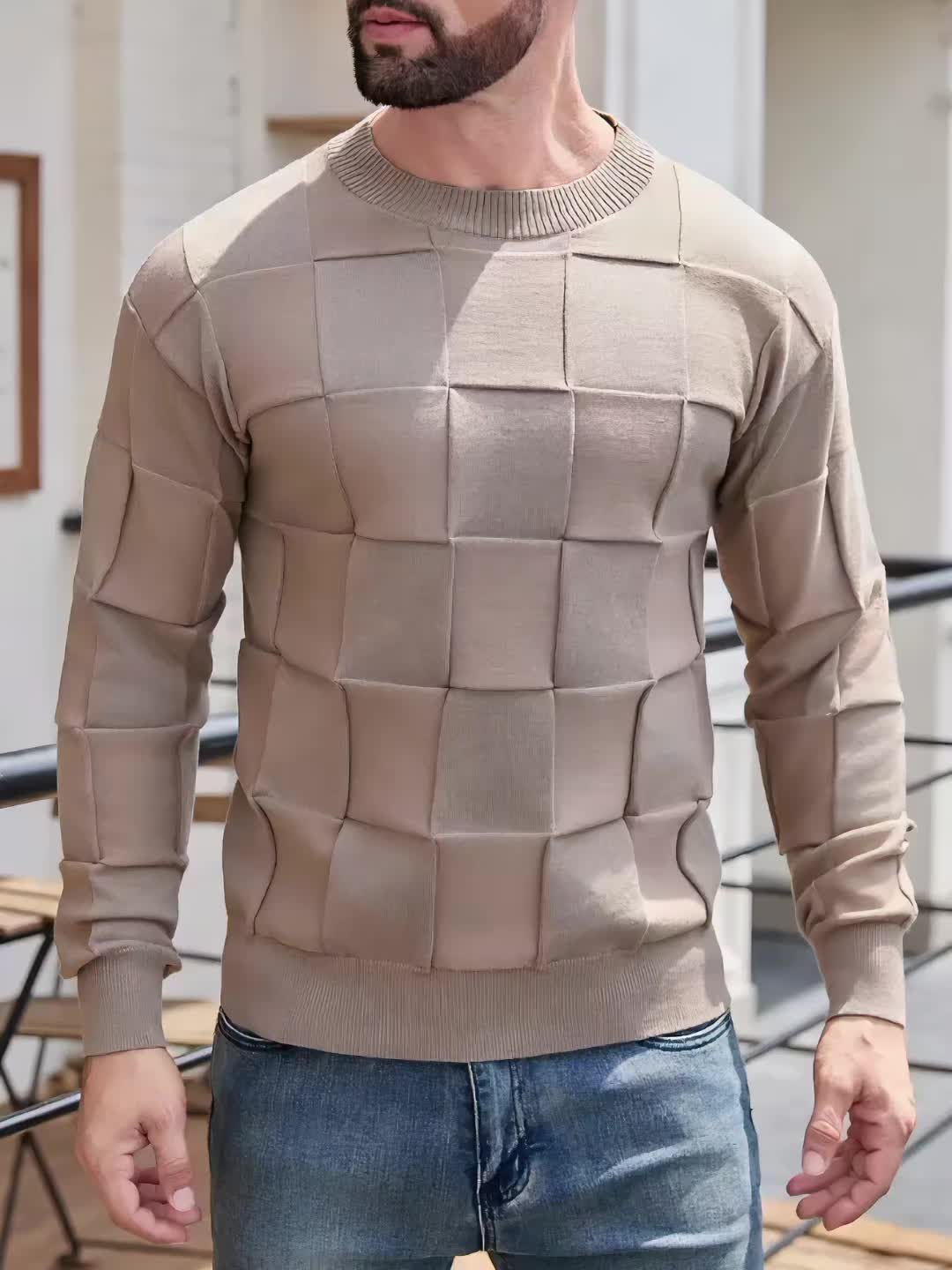 Men'S Round Neck Casual Solid Color Sweater with Textured Geometric Patterns, New Trendy Long-Sleeve Pullover for Autumn And Winter