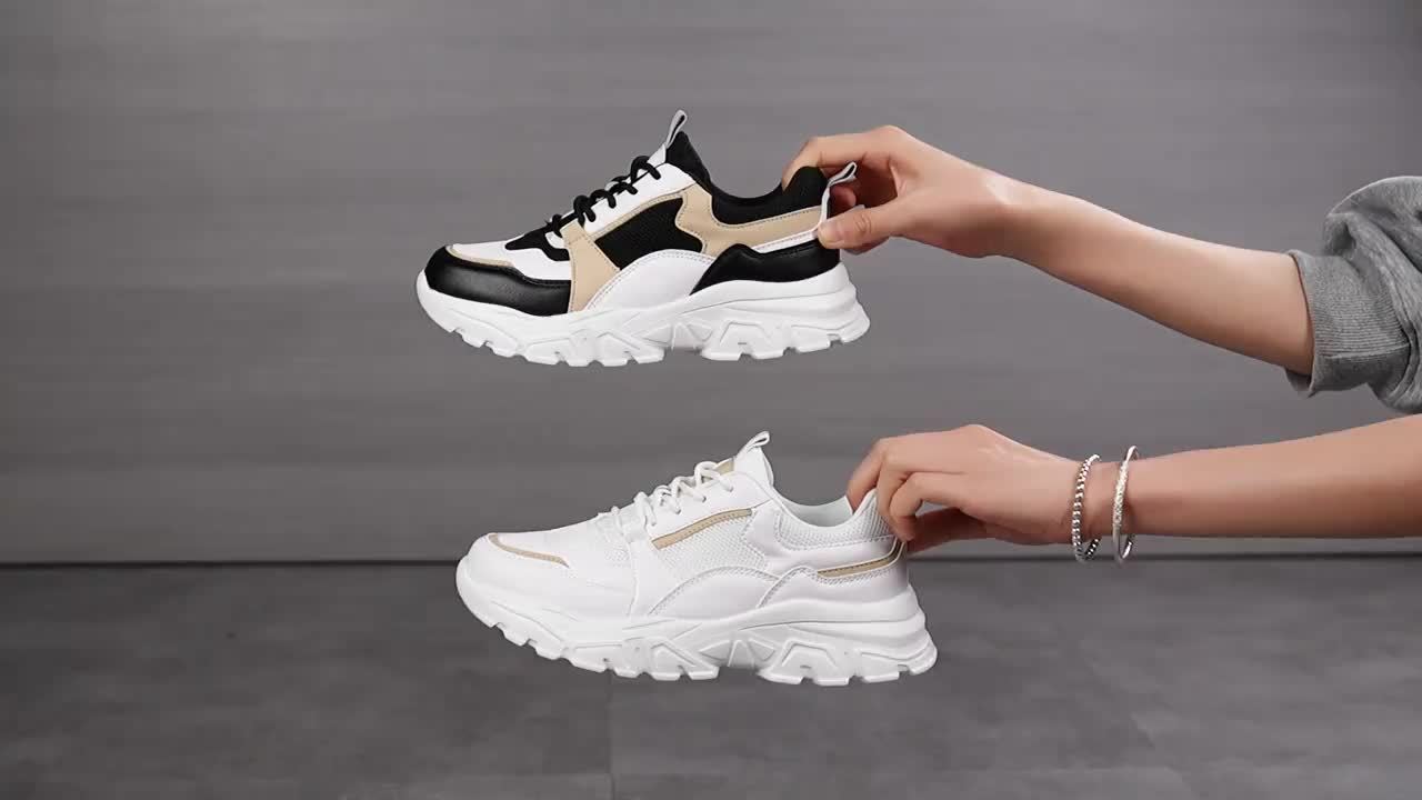 Women's Breathable Mesh Chunky Sneakers - Lightweight Casual Dad Shoes with Soft EVA Sole, White Golden Accents, Black Golden Design, Perfect for Running, Travel Casual Attire