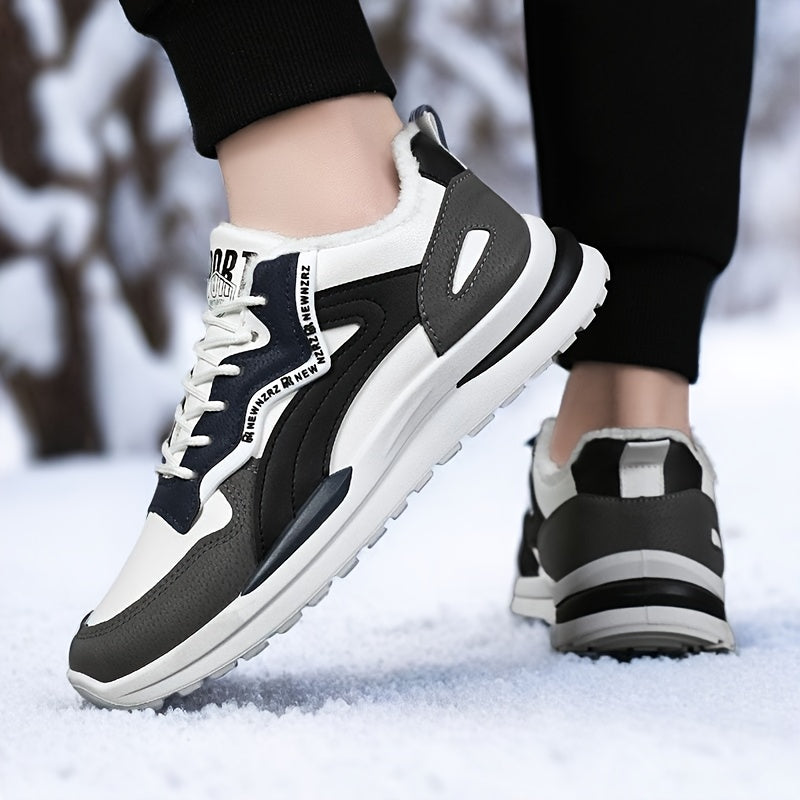 Men's Winter Warm Thermal Insulated Snow Boots - Low-Top -like Upper, Slip-Resistant Rubber Sole, Cushioned Arch Support & Traction Tread for Hiking, Walking, Casual Outdoor - All-Terrain Winter Shoes for Men (Black/White/Gre