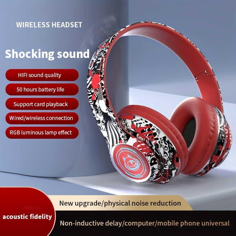 Wireless Headset with Shocking Sound, HIFI Sound Quality, 50 Hours Battery Life, Support Card Playback, Wired/Wireless Connection, RGB Luminous Lamp Effect, New Upgrade/Physical Noise Reduction, Acoustic Fidelity, Non-Inducti