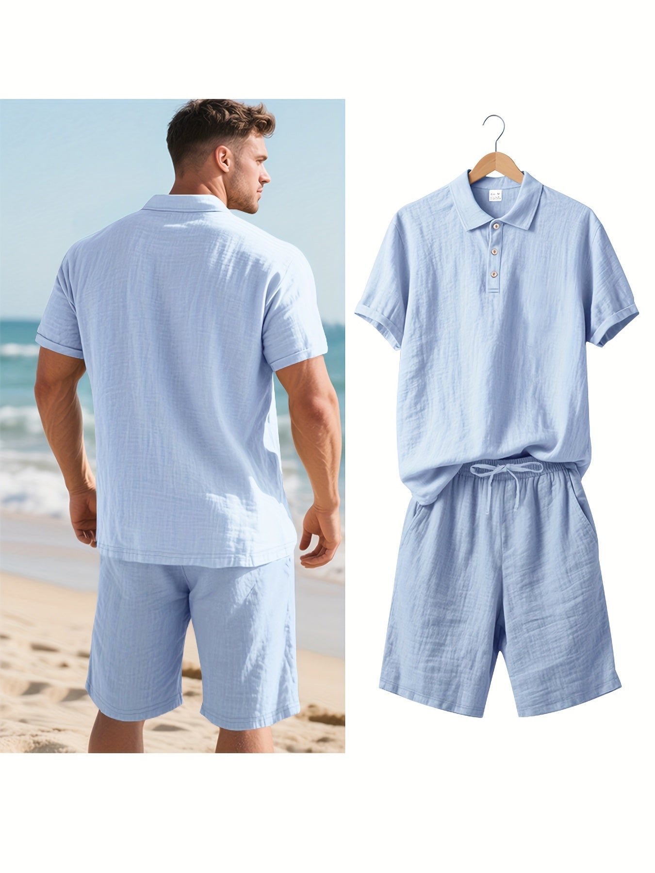 Essential for a Cool Summer! Men's Linen Shirt & Shorts Set, Comfortable Casual Outing Choice - Simple Beach Vacation Style Solid Color Linen