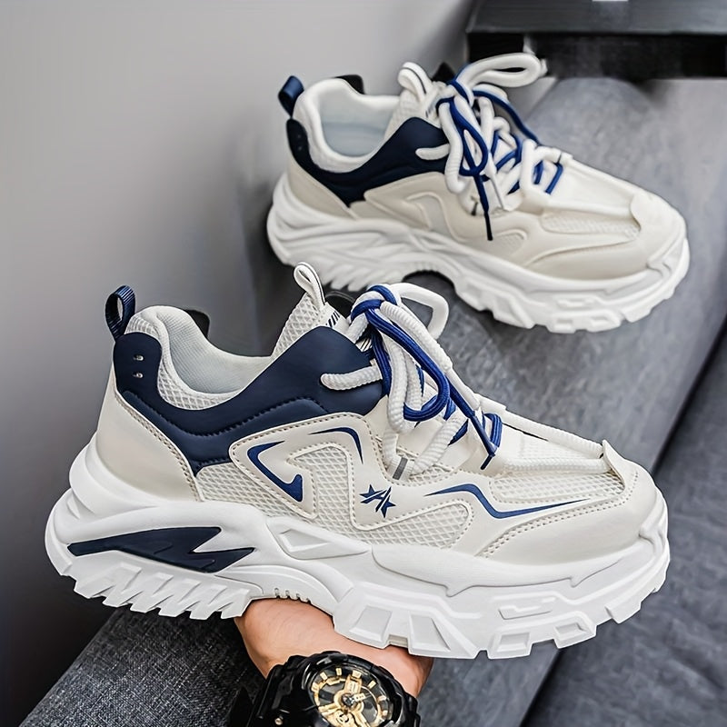 Men'S Breathable Mesh Sneakers with Thick Cushioned Sole - Lightweight Low-Top Lace-Up Shoes for Running, Hiking Casual Wear, Navy Blue White Design, All-Season Comfort, Sneakers, Hiking Footwear, Stylish Laceup Shoes, Du