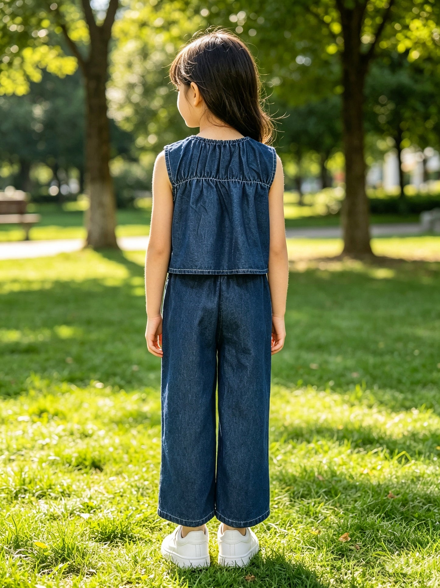 Girls Cute Sleeveless Denim Vest & Loose Straight Leg Jeans Set