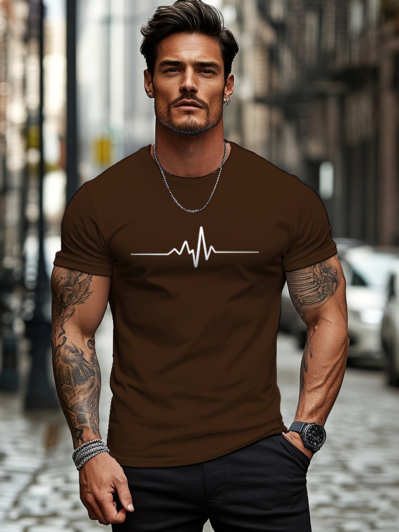 Men'S Brown T-Shirt with ECG Heartbeat Graphic - Casual Streetwear, Short Sleeve, Round Neck, Stretch Fabric, All-Season Comfort, Casual Streetwear Tee Round Neck Tshirt Comfortable Fit