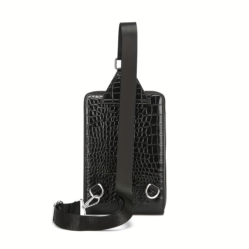 Men'S Stylish Black Crocodile Pattern Crossbody Bag - Durable, Large Capacity, Adjustable Strap, Perfect for Travel Daily Commute, Commuter Shoulder Bag Stylish Crossbody Durable Fabri
