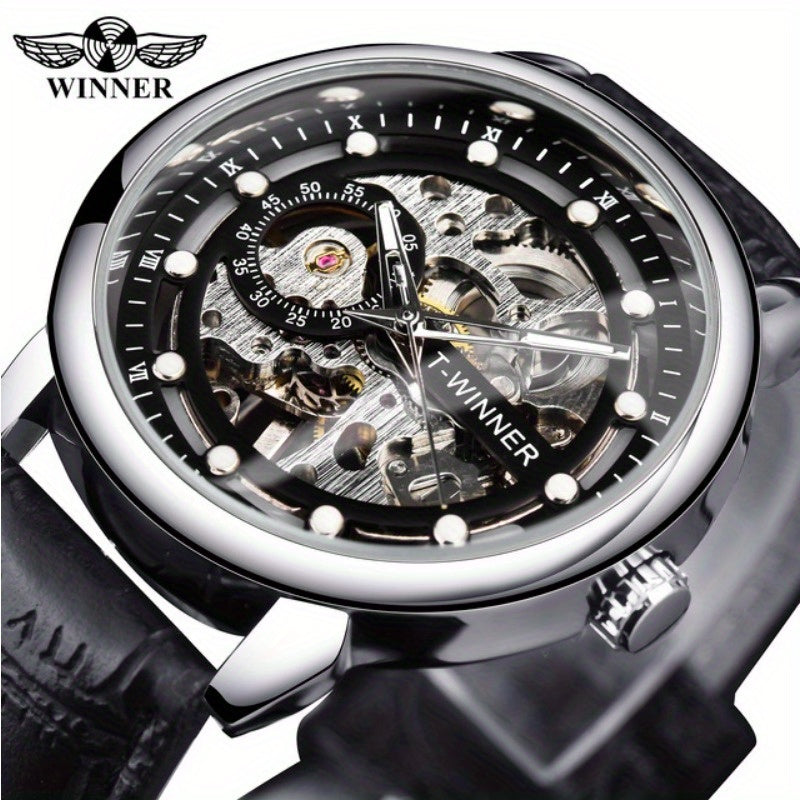 Men'S Luxury Mechanical Skeleton Watch with Golden-Tone Alloy Case & Faux Leather Strap - Mechanical Hand-Wind, World Time, Date Display, Elegant Fashion Accessory for Casual Attire, Mechanical Watch, Sophisticated Design, In