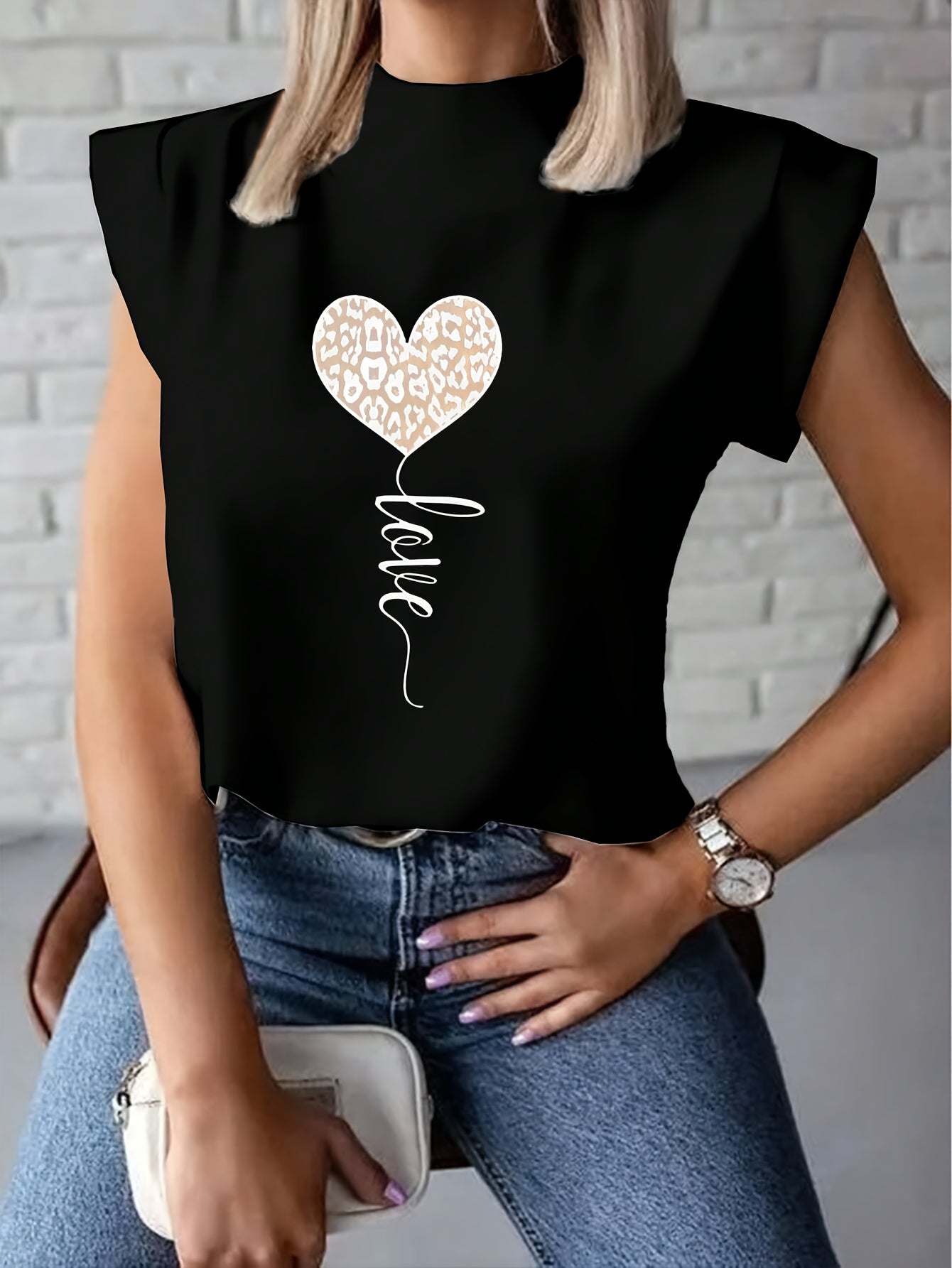 Women's Fashionable White T-Shirt with Leopard Print Heart and "LOVE" Cursive - Short Sleeve, Polyester Blend, Machine Washable