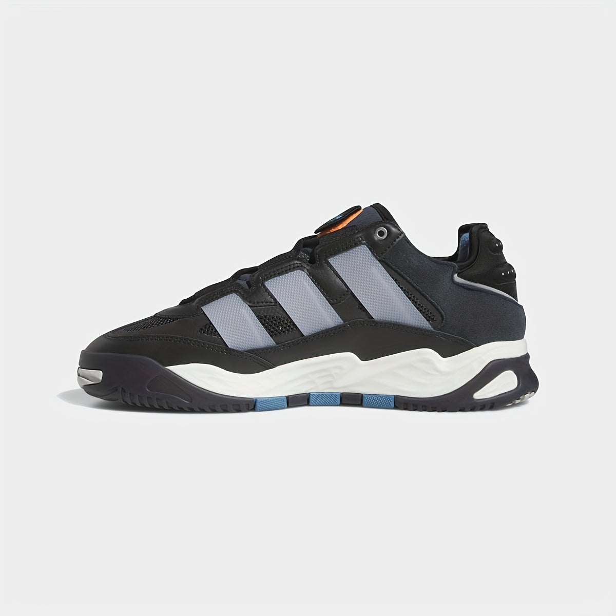 Adidas Niteball Low-Top Sneakers for Men Women - Striped Casual Shoes with Genuine Leather Upper, Breathable Fabric Lining Rubber Sole, Black/Blue/Orange Accents (FZ5742), Athletic Footwear, Modern Triptych Design, Durabl