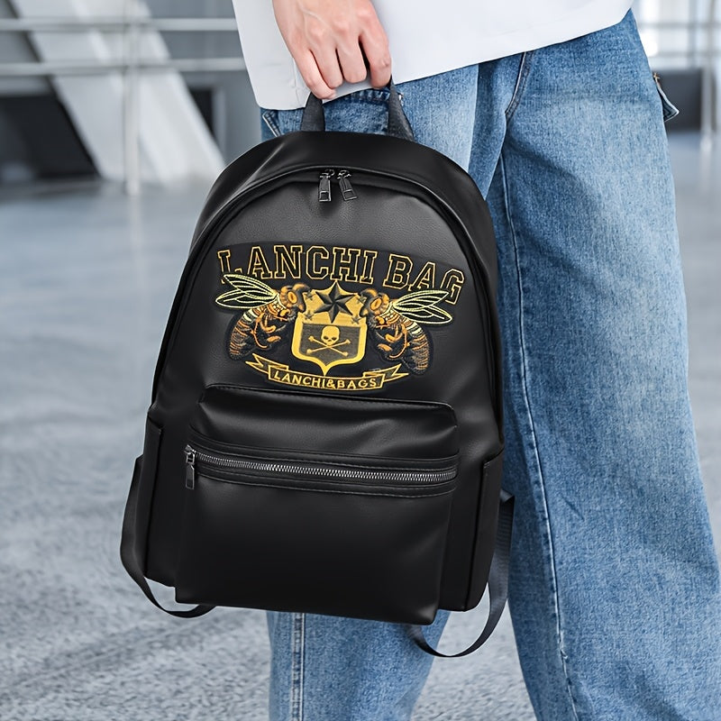 Men'S Genuine Backpack - Large Capacity, Multi-Functional Trolley Bag with Adjustable Straps, Golden Embossed Design, Perfect for School, Work, or Travel, Backpack for Travel, Durable Zipper Closure