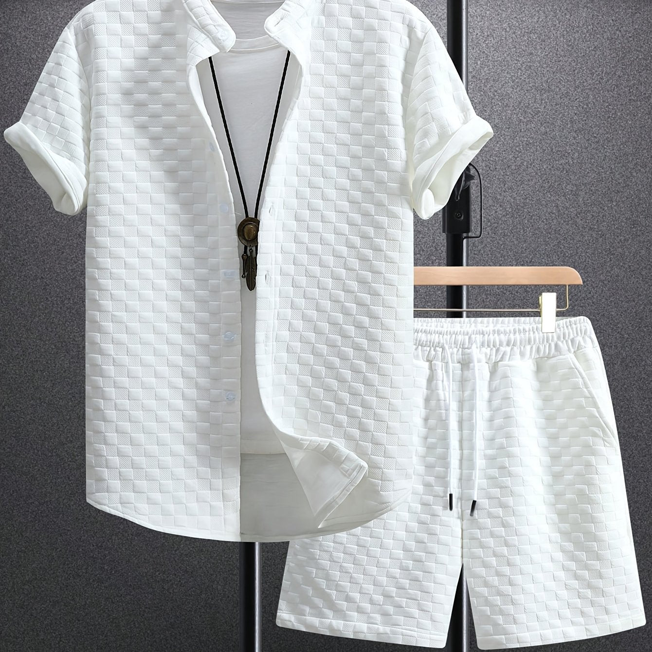 Men's Set Shirt Short Sleeve Shorts Thick Solid Color Knit Jacquard Casual Comfort High-Quality Two-Piece Set