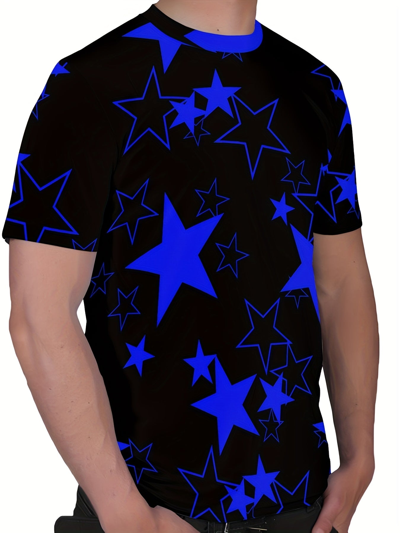 Men's Allover Color Blocking Stars Pattern Short Sleeve Crew Neck T-shirt For Summer, Casual Stylish Tee As Gift