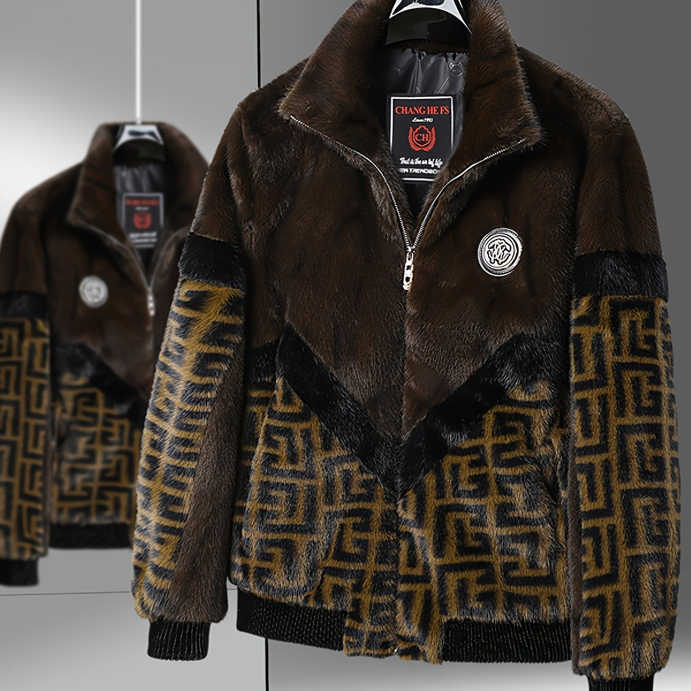 Men'S Winter Jacket - Brown & Black Color Block Coat with Stand-Up Collar, Zipper Closure, Non-Stretch Fabric for Formal & Everyday Cold Weather - Luxury Outerwear for Office, Parties, Casual Outfits, Party Attire, Sophistica