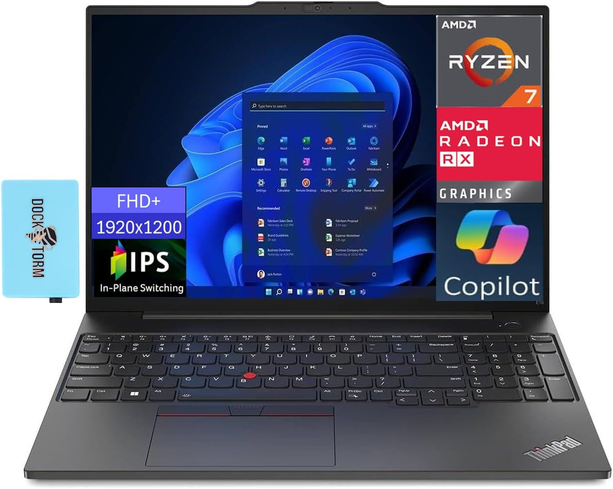 Lenovo Thinkpad E16 Gen 1 Business Laptop 16.0" WUXGA IPS Display 300 Nits (AMD Ryzen 5 7530U 6-Core 2.00Ghz, 16GB RAM, 512GB Pcie SSD, AMD Radeon, Backlit KYB, FP, Wifi 6, Win11Pro) W/Dockztorm Hub
