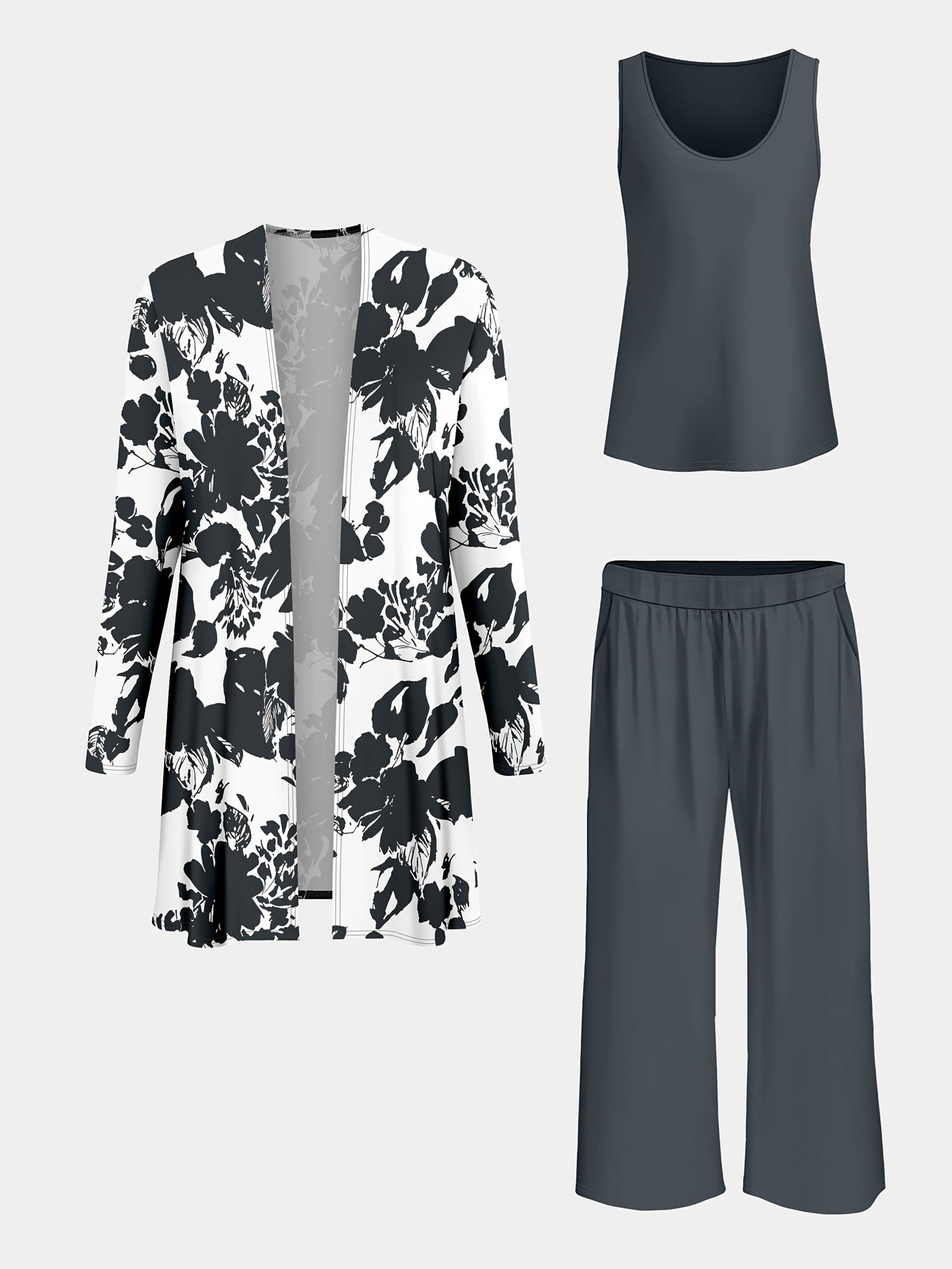 Plus Size, A three-piece set of elegant and unique female plus-size floral printed top and solid-colored vest and trousers