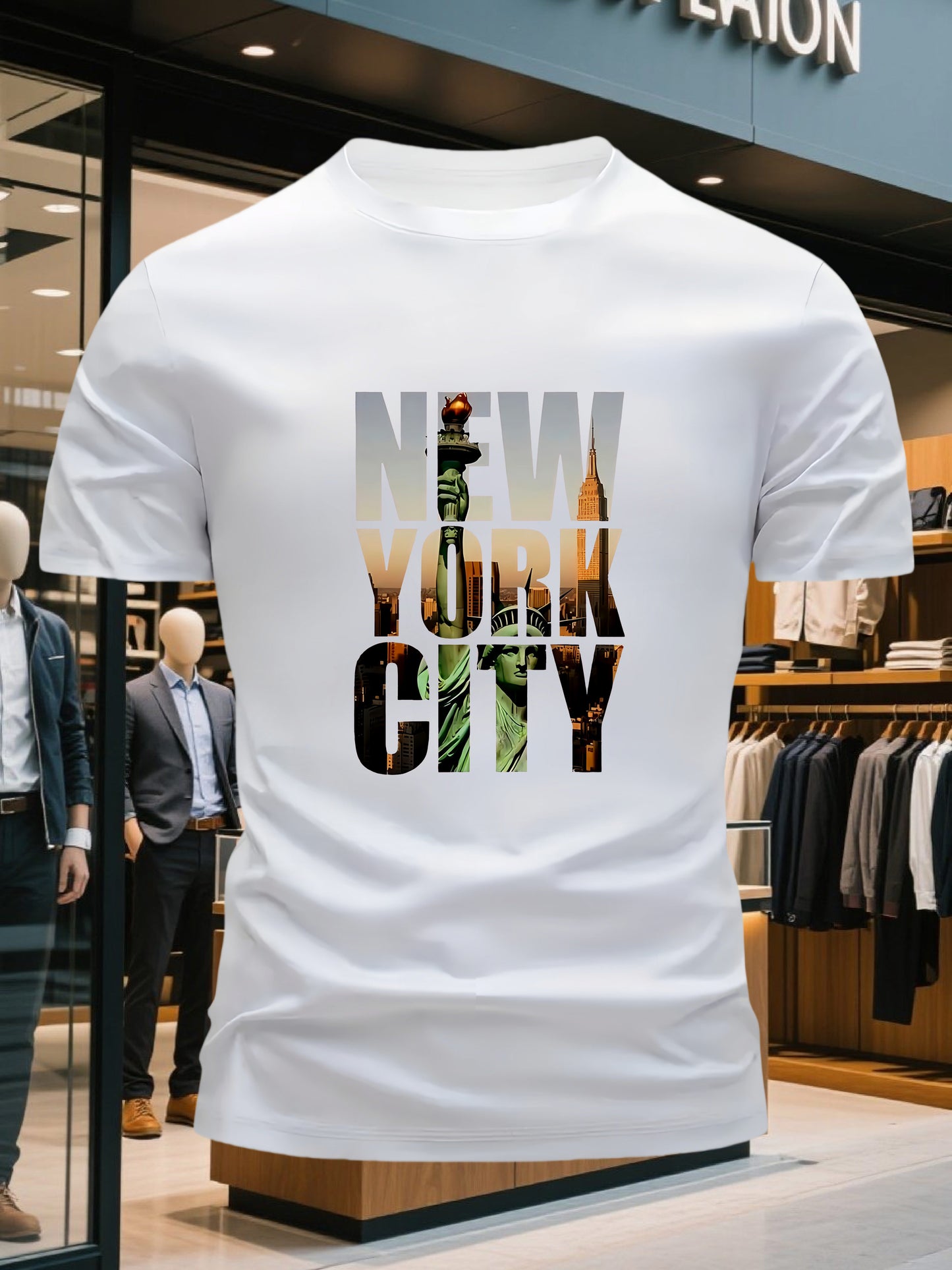 Men's 100% Cotton Crew Neck Short Sleeve T-Shirt with New York City Graphic Print - Navy Blue Casual Comfort Fit Tee, Machine Washable Everyday Essential, Allseason Apparel, Comfortable Outfit, Urban Style, Breathable Materia