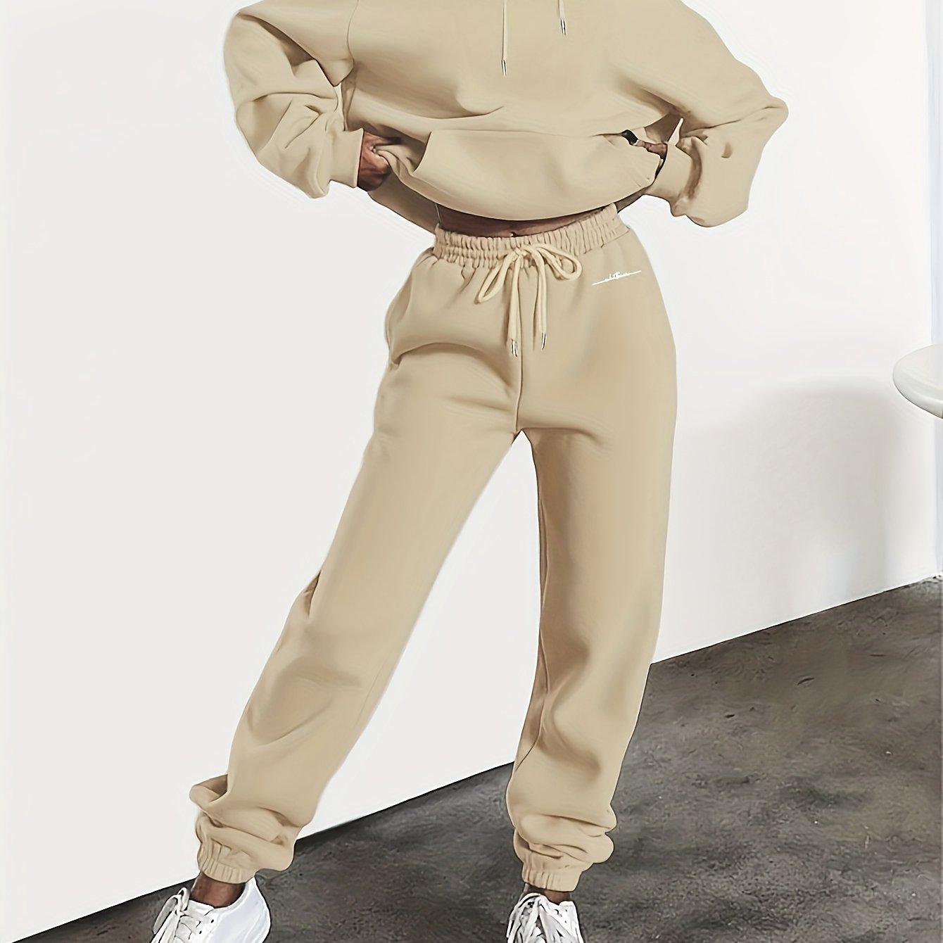 New Arrival Gray Print Women's Hooded Drawstring Sweatshirt and Pants Set, Autumn/Winter Warm Long-Sleeve Pullover with Hat, Machine-Washable Polyester, Versatile Outfit