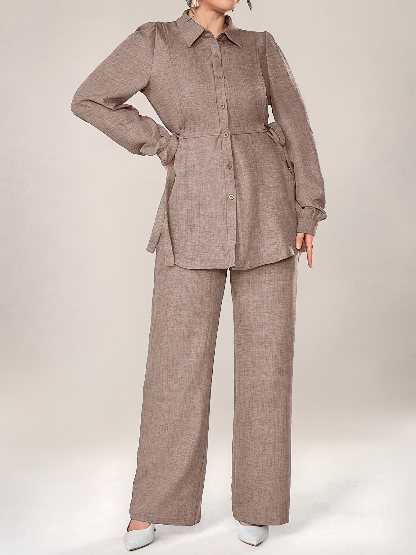 Stylish and Elegant Casual Two-Piece Women's Outfit with Side Tie Single-Breasted Shirt and Wide-Leg Pants for Office Wear