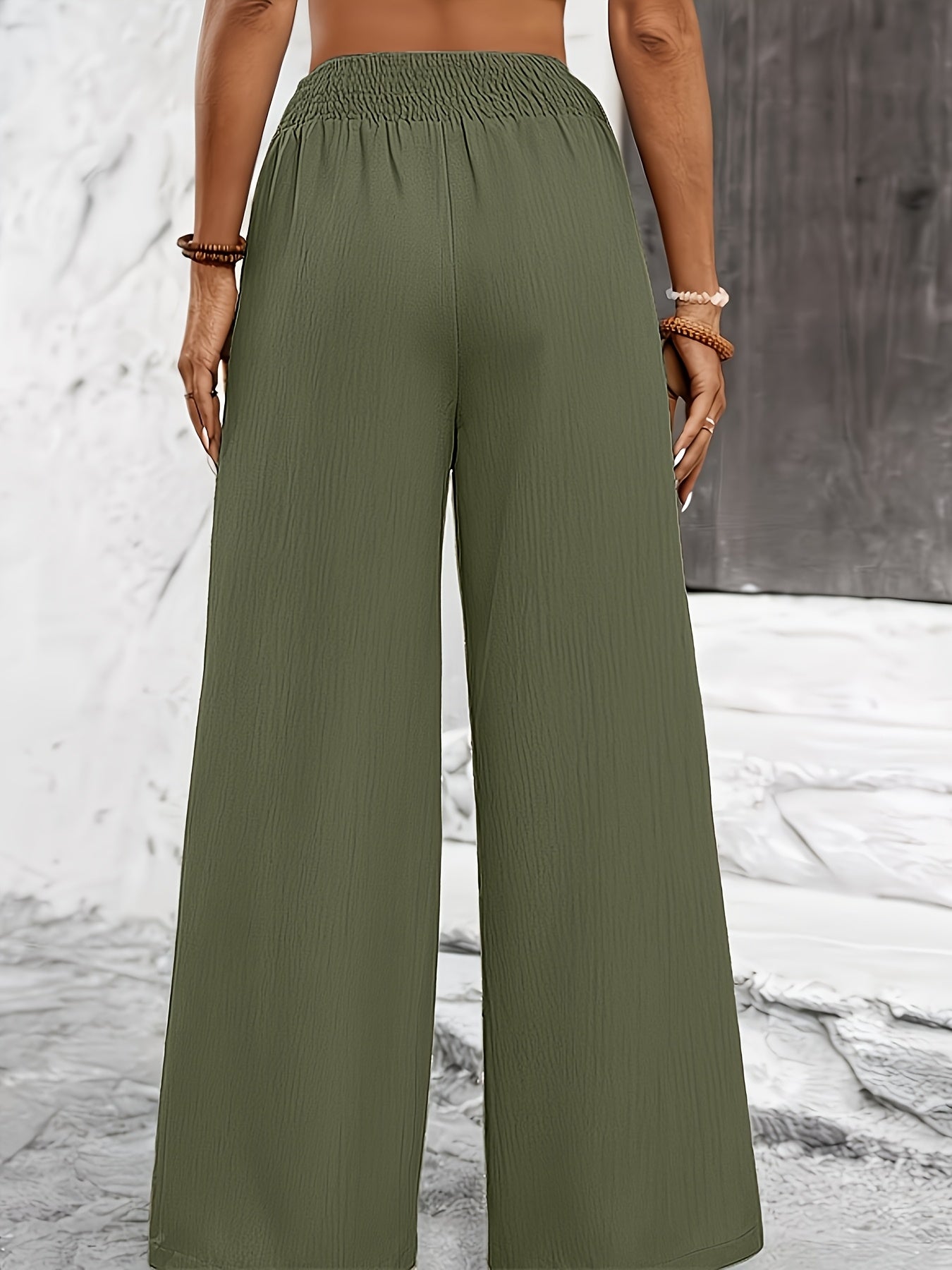 High-Waist Wide-Leg Polyester Trousers with Drawstring for Women