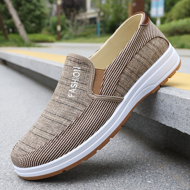Men'S Casual Slip-On Loafers - Lightweight Breathable Fabric Upper, White Rubber Sole, Brown Accents, Comfortable for Outdoor Walking Casual Attire, Summer Footwear, Stylish Slipons, Durable Traction Footwear