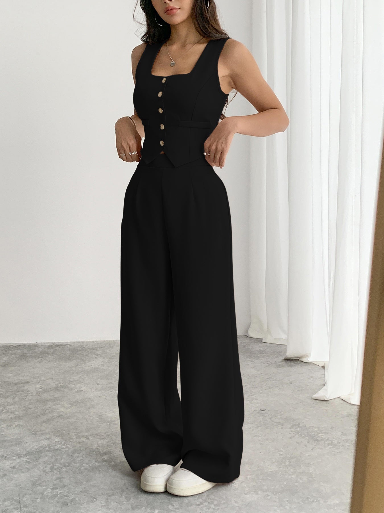Two-Piece Women's Square Neck Sleeveless Button-Up Blouse and Loose Wide-Leg Pants Set