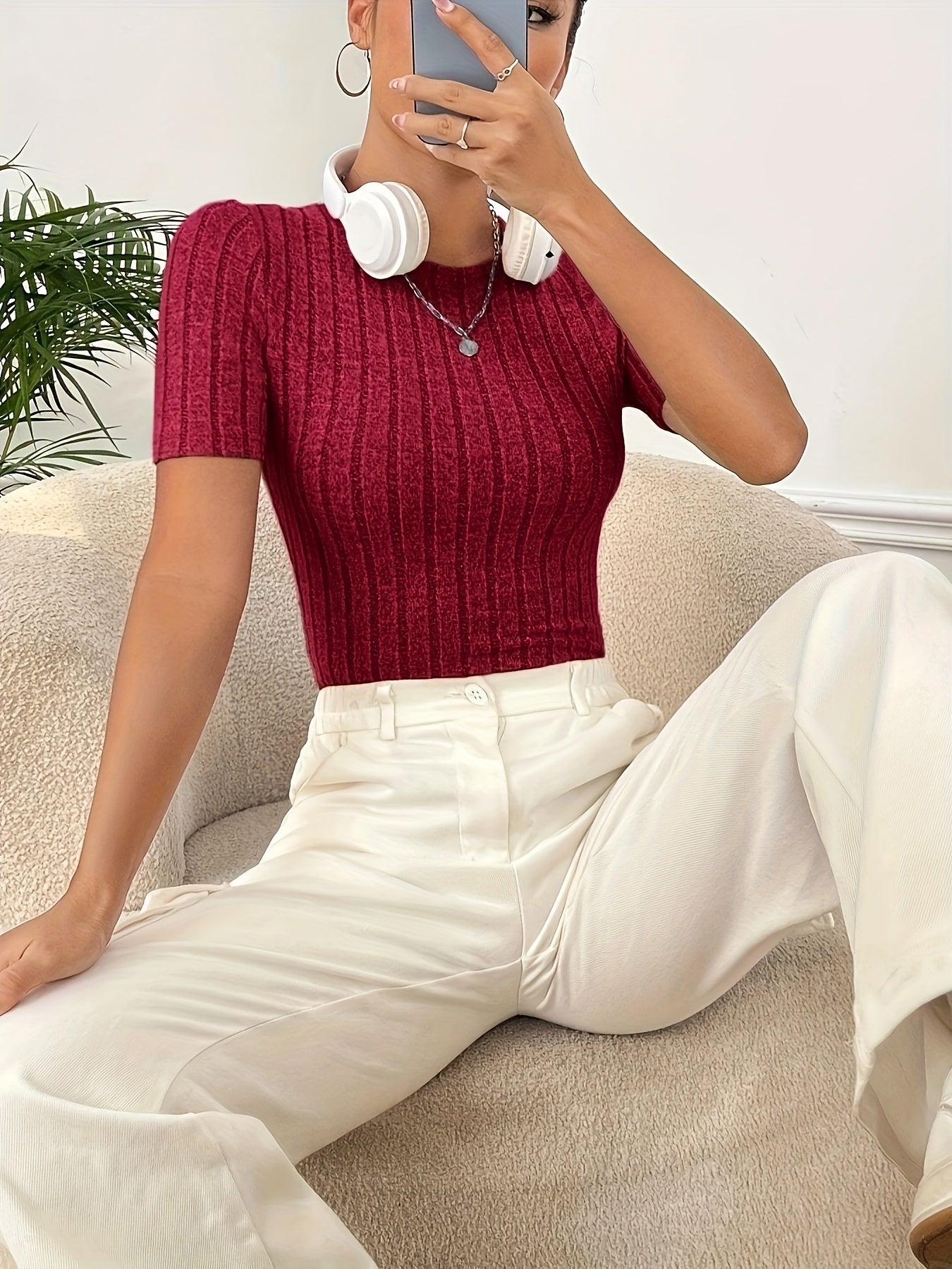 Women'S Stylish Ribbed T-Shirt - Short Sleeve, Crew Neck, Solid Color, Casual & Comfortable Fit for Casual Attire, Ladies T Shirts