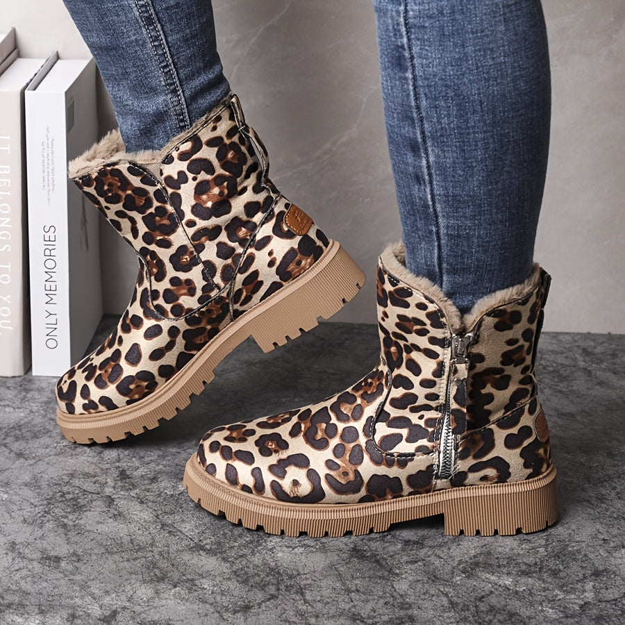 Women's Plush-Lined Winter Snow Boots - Thick Warm Fabric Upper & Lining, Slip-Resistant Rubber Sole, Leopard Print & Black, Durable for Outdoor Winter Traction