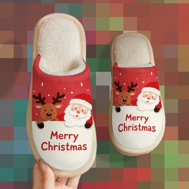 Santa Claus & Reindeer "Merry Christmas" Women's & Men's Home Slippers, Christmas Gift, Couple's Indoor Slippers, Super Comfortable Printed Slippers for Autumn & Winter, Cozy Homewear, Christmas Design, Festive Print, Comfor