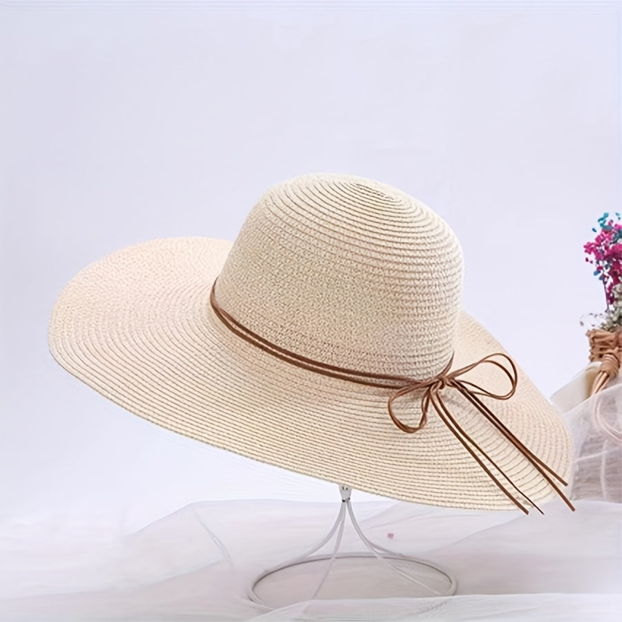 Women’s Wide Brim Straw Sun Hat with Bowknot for Summer