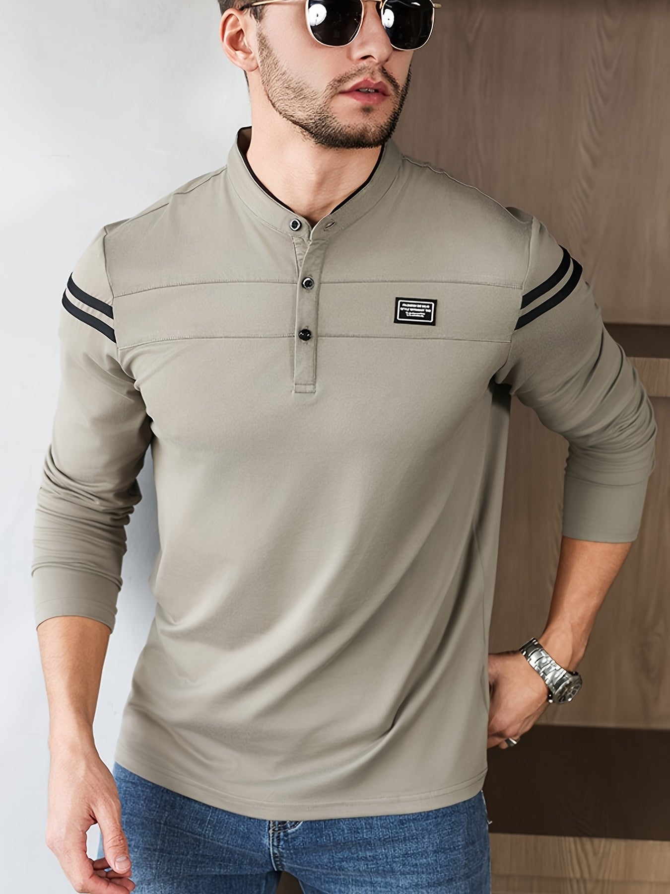 Men'S Casual Long Sleeve T-Shirt - Solid Color with Stand Collar Stripe Polo, Button-Up Front, Ideal for Outdoor Activities