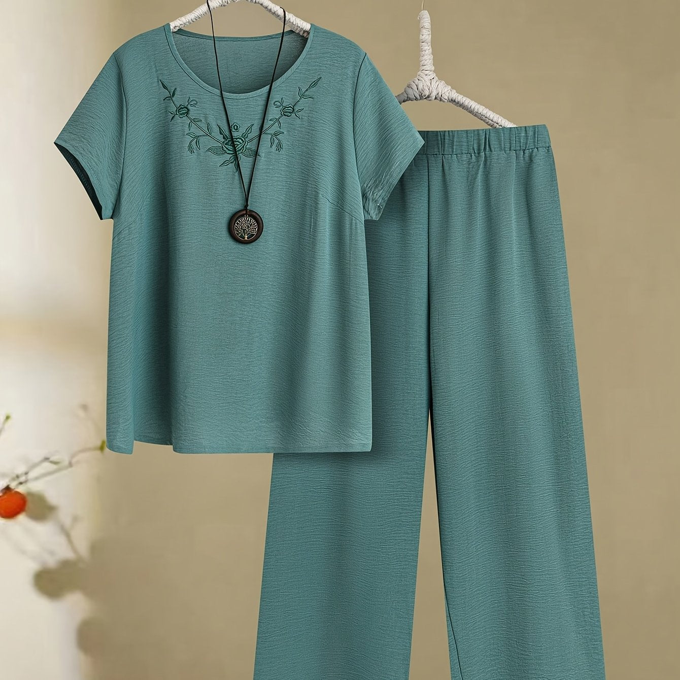 Women'S Comfortable Embroidered Short Sleeve T-Shirt and Pants Set - Casual Crew Neck, Straight Leg, Solid Color with Floral Design, Polyester Blend, Spring/Summer Collection