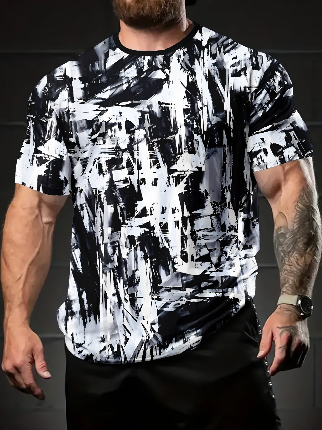 Men'S Casual Short Sleeve T-shirt, Polyester 100% 3D Print Crew Neck Tee with Slight Stretch, Regular Fit, 110g/m² Knit Fabric