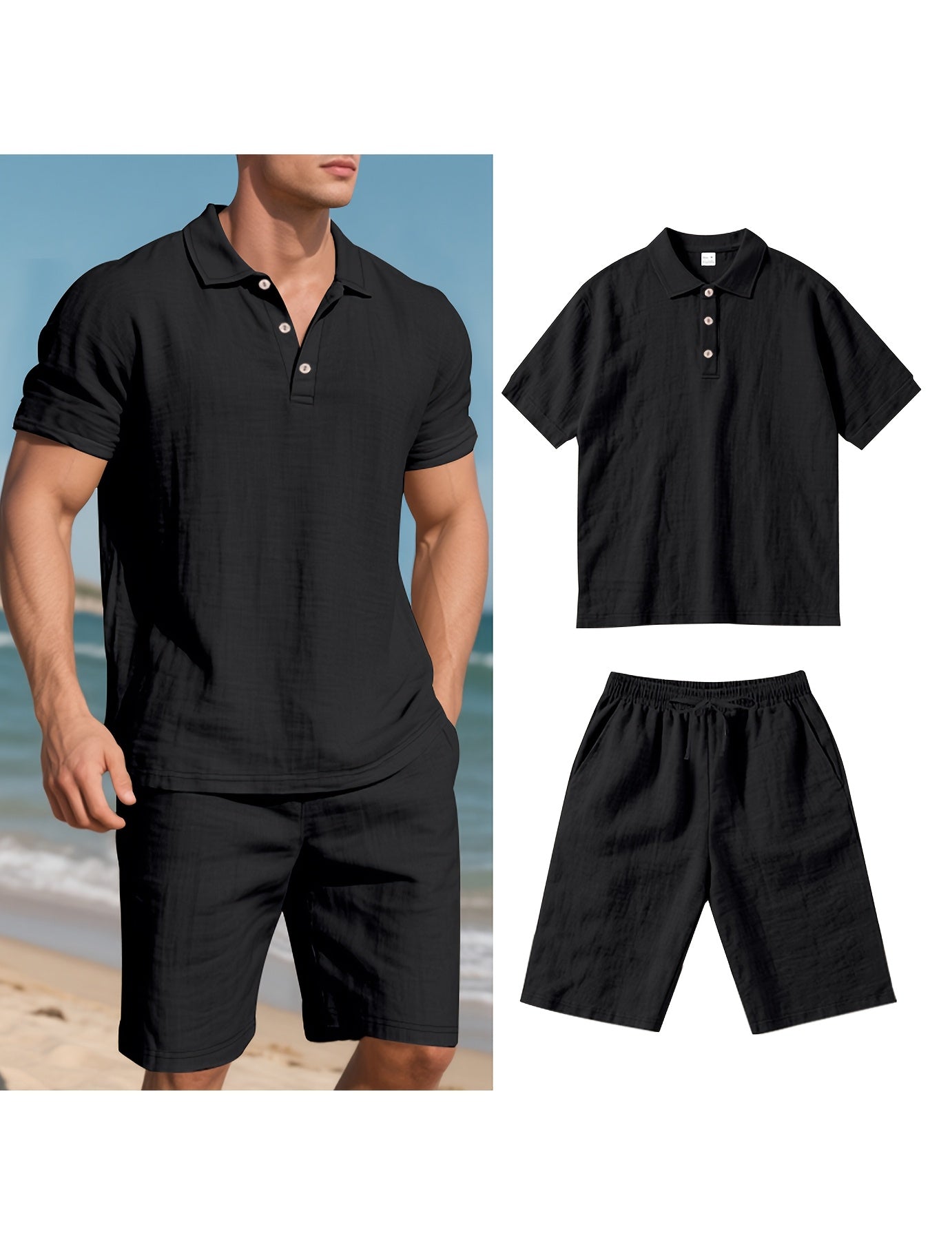 Essential for a Cool Summer! Men's Linen Shirt & Shorts Set, Comfortable Casual Outing Choice - Simple Beach Vacation Style Solid Color Linen