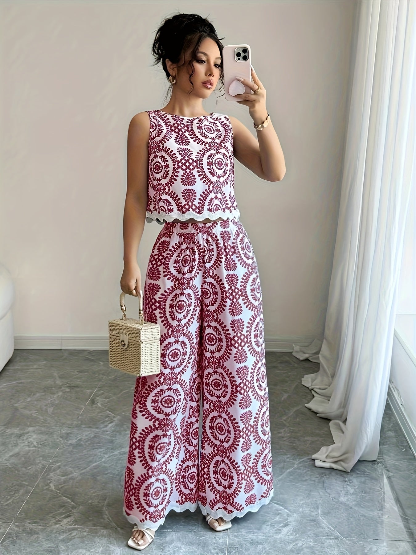 2pcs Women's Plant Pattern Round Neck Sleeveless Top and Pants Set