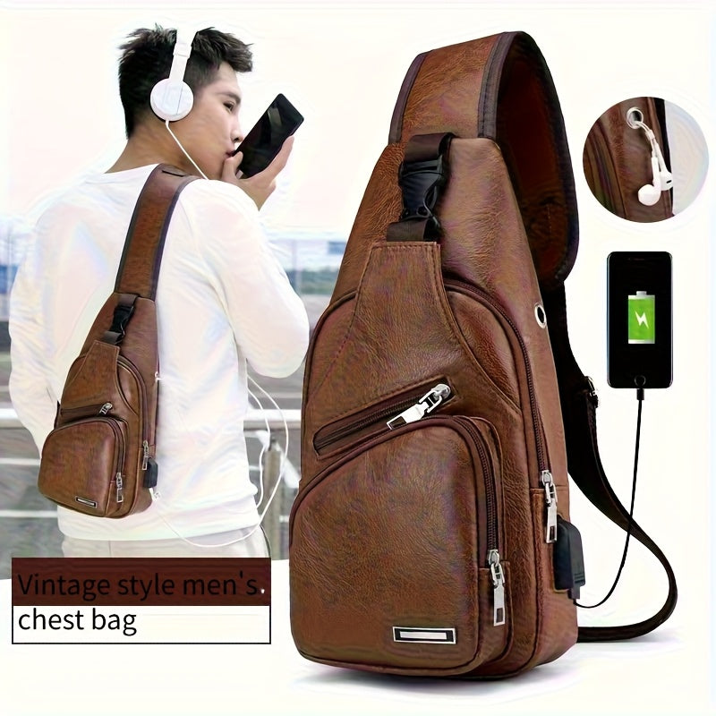 2025 New Men'S Fashion Chest Bag - Soft Faux Leather Anti-Theft Crossbody Bag with Multiple Compartments, Adjustable Strap Zipper Closure for Gym, Travel, Casual Outings (Brown), Secure Travel Pouch, Textured Finish