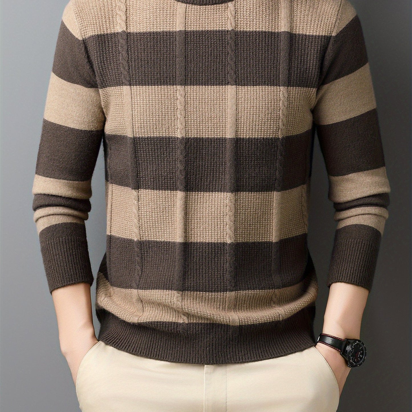 ZBZP Men'S Casual Striped Knit Sweater - Dark Gray & White Horizontal Stripes, Round Neck Long Sleeve, Regular Fit, Autumn Winter Warm Pullover for Casual Attire, Knit Sweater, Comfortable Fashion, Soft Texture, Cold Weather