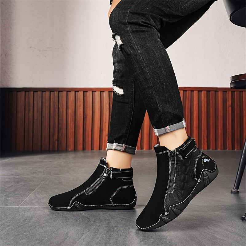 Men'S High-top Casual Shoes With Anti-slip, Comfortable, Outdoor, Fashionable, Plus Size, Business, Hand-stitched, Zipper, Cro, Lace-up.