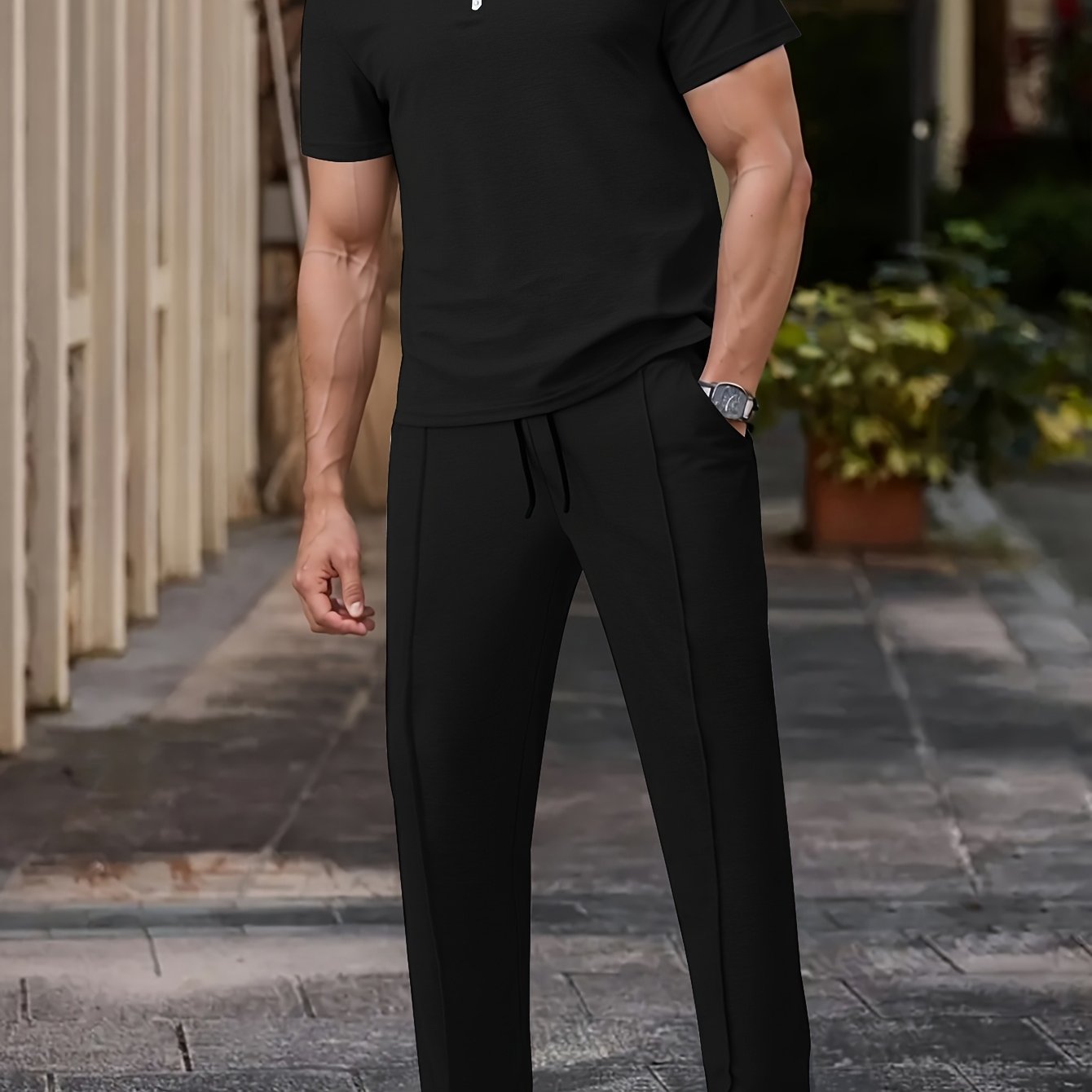 Men'S Summer Solid Color Trendy Casual Suit Collared Short Sleeve Long Pants Suit, Perfect for Outdoor