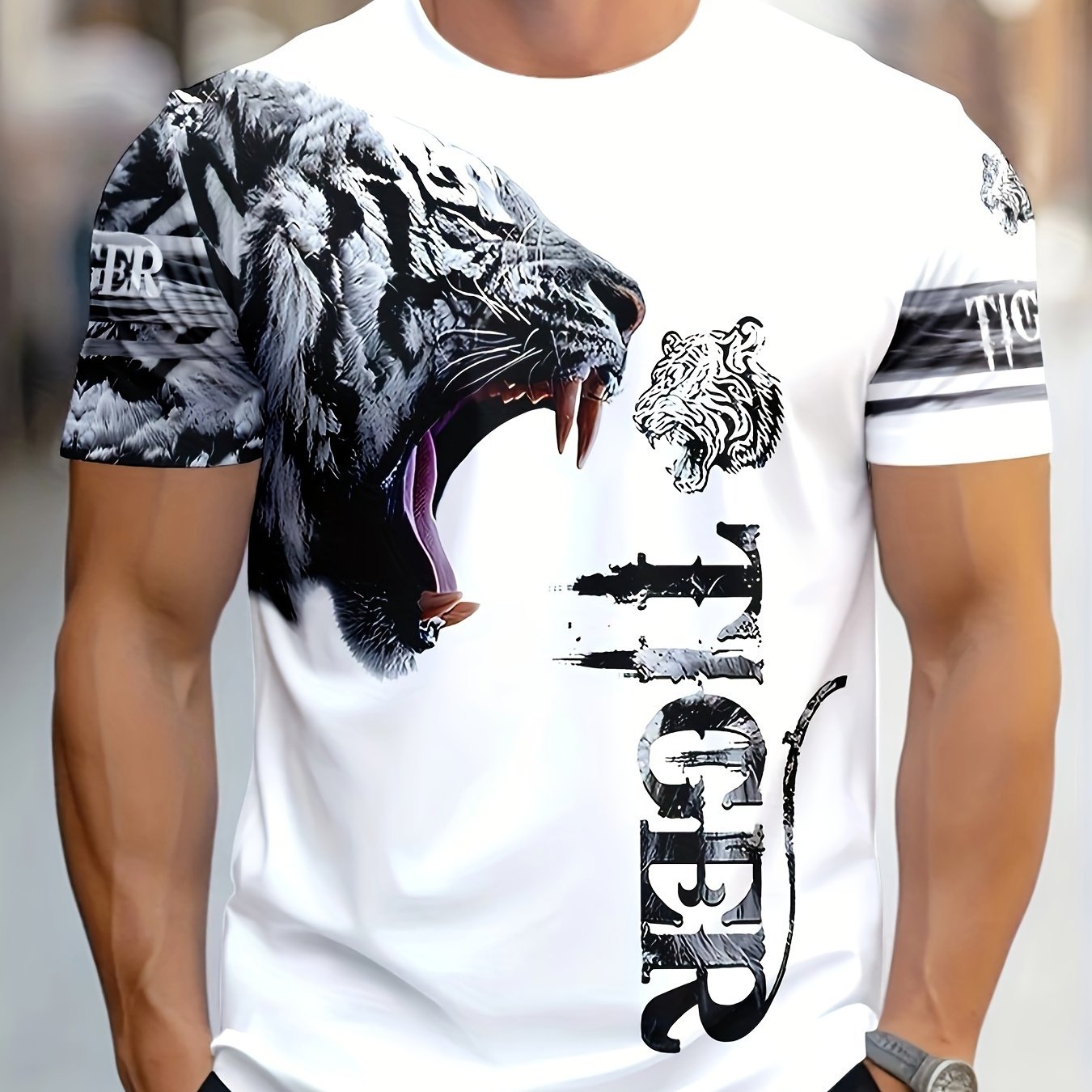 Men'S Women'S "Tiger" Graphic T-Shirt - Casual, Stylish 3D Print Animal Design, White, Short Sleeve, Polyester Knit, Regular Fit, Streetwear Tee Bold Animal Print Stretchy Fabric