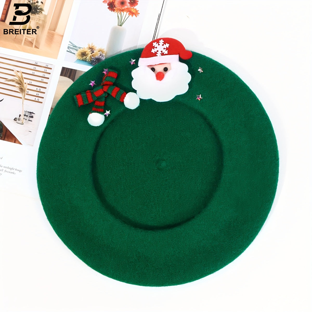 1pc Women'S 100% Wool Christmas Beret Hat with Santa Hat & Snowflake Bow - Lightweight Warm Winter Cap for Holiday Parties, Christmas Gifts, Durable Headgear, Festive Headwear, Party Headwear, New Year'S Eve - Hand Washable (