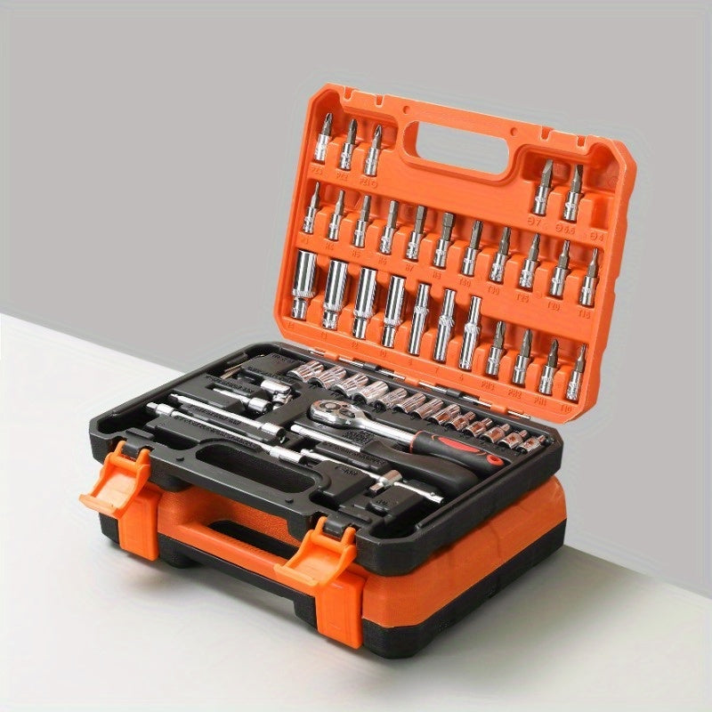 53/50pcs Chrome Vanadium Impact Socket Set, 3/8 Inch Drive, 6-Point Design, Includes SAE Sizes from 5/16 to 3/4 Inch and Metric Sizes from 8 to 22mm, with Ratchet Handle, Extension Bar, Adapter, and Glove