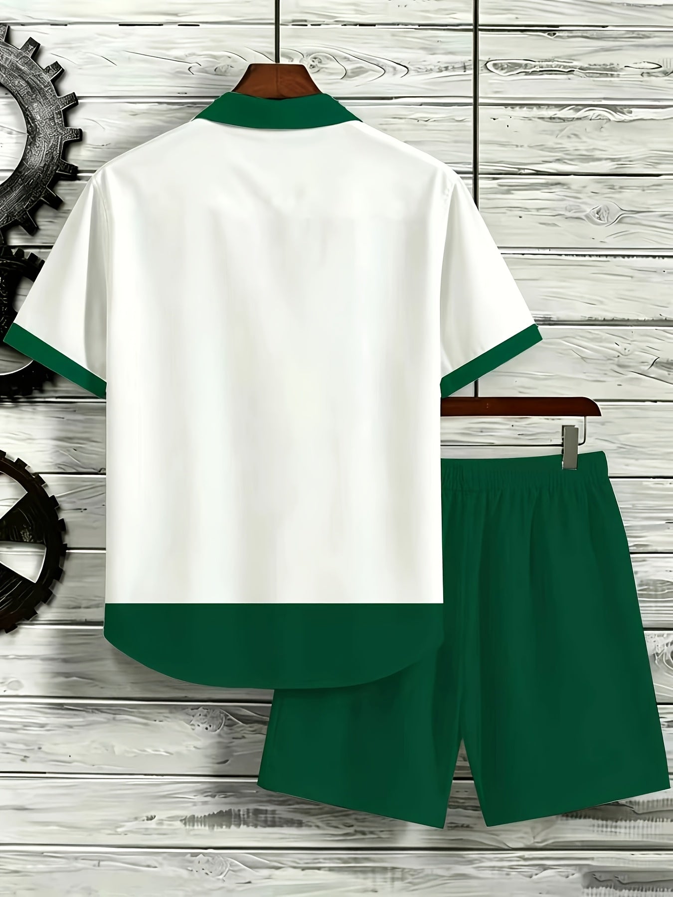Men's Color Block Cuban Collar Shirt & Drawstring Shorts Set