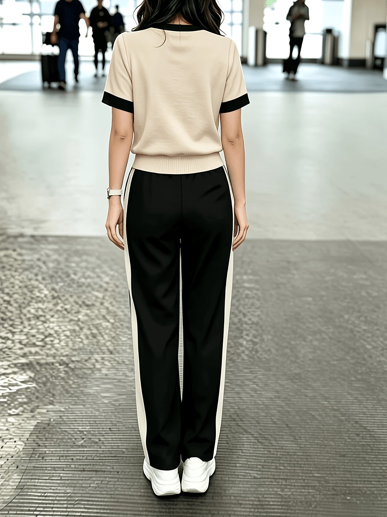 Women's Spring/Summer Color-Block Short Sleeve Top & Wide Pants Set