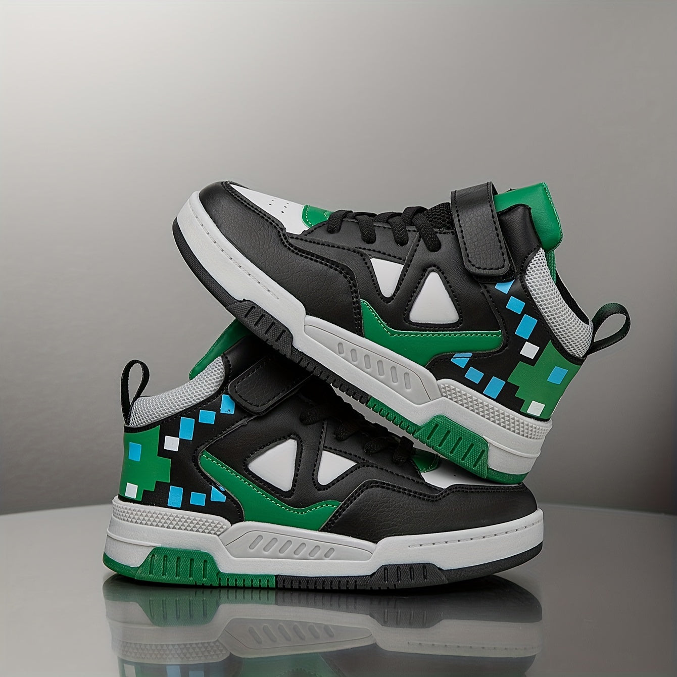 Youngsters' High-Top Sneakers with Hook-and-loop Fastener Closure - Vintage Geometric Print, Breathable & Non-Slip for Boys and Girls - Perfect for Running & Casual Wear
