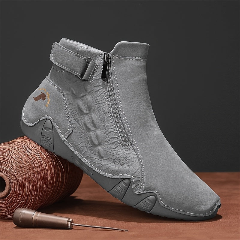 Men'S High-top Casual Shoes With Anti-slip, Comfortable, Outdoor, Fashionable, Plus Size, Business, Hand-stitched, Zipper, Cro, Lace-up.