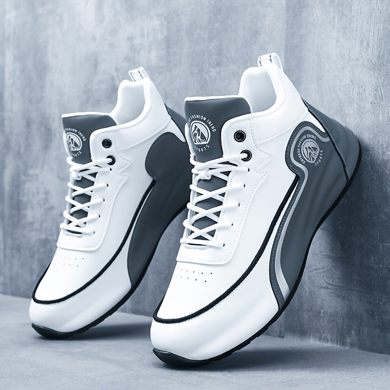 Men'S Lightweight Breathable Running Shoes - Classic Low-Top Design with Thick Cushioned Sole, White Navy Blue Striped Graphic Pattern, Lace-Up Closure for Hiking, Casual Outdoor Wear - Spring/Fall Fashion Sneakers, Hik