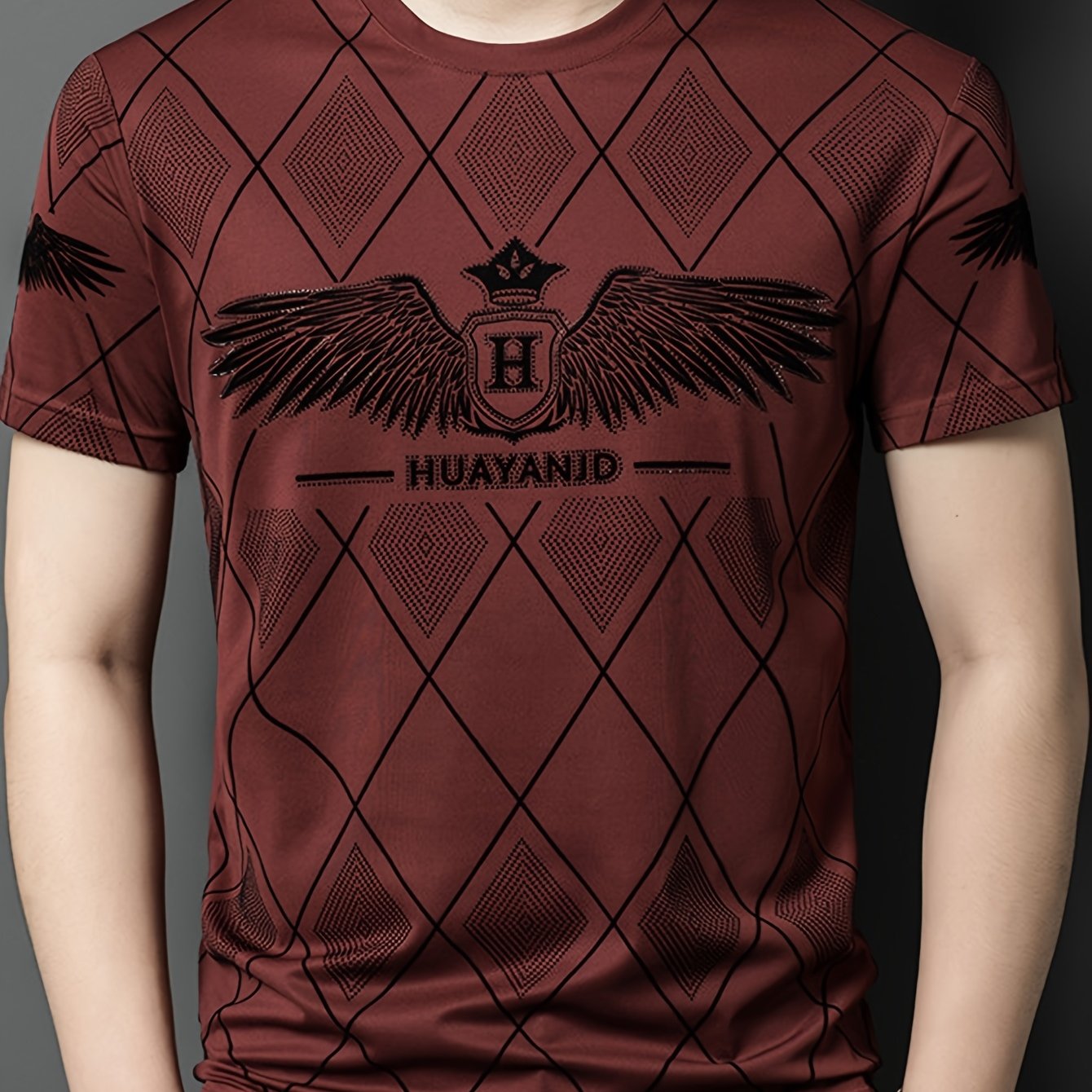 SINBOS Men's 2025 Summer Short Sleeve T-Shirt - Black Casual Graphic Print Tee with Wing HUYAND Logo Design, Breathable Stretch Fabric, Round Neck Regular Fit for Casual Attire, Nontransparent Material, Relaxed Fit, Trendy