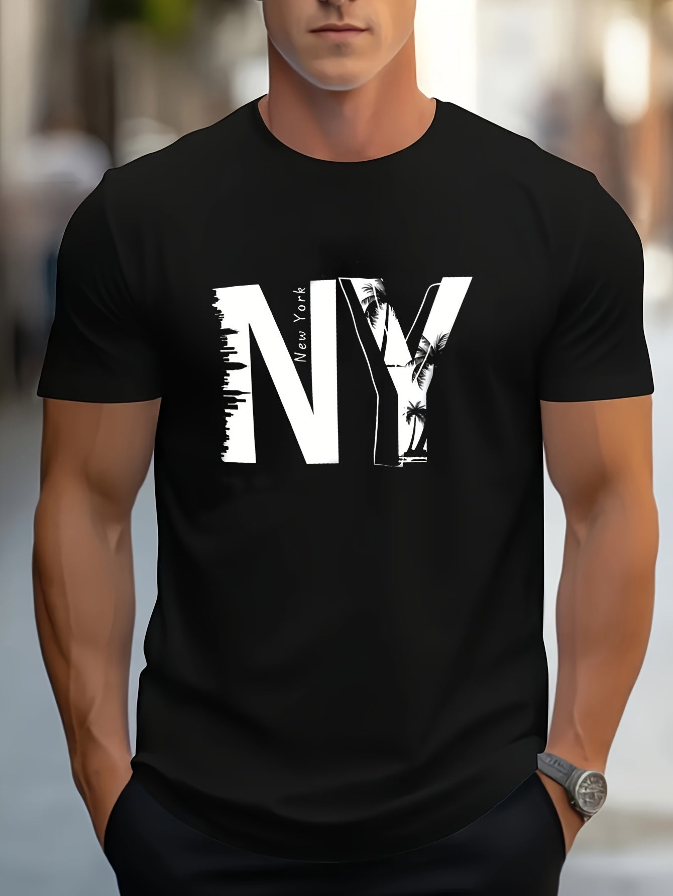 1pc Men'S Casual Cotton Blend T-Shirt with Letter Print, Round Neck, Regular Fit for Summer - Black, Navy, Red