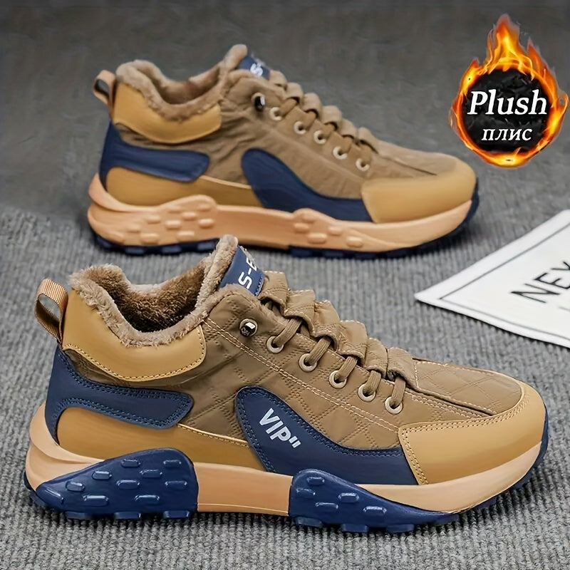 Men's Winter Warm Low-Top Ankle-High Hiking Boots with Plush Lining, Anti-Skid Traction Tread & PU/PVC Sole - Beige/Navy Blue/Tan Brown - Lace-Up/Dual Closure for Ice, Snow, Mud - Cold Weather Outdoor Trekking, & Daily Winter