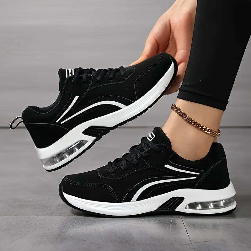 Women's Sneakers - Lightweight All-Season Gym Shoes, Cushioned Arch Support Non-Slip PU Outsole - Black Sneakers for Running, Casual, Office - Lace-Up Fitness Footwear with Minimalist Design, Ladies Sneakers, Everyday Comfo